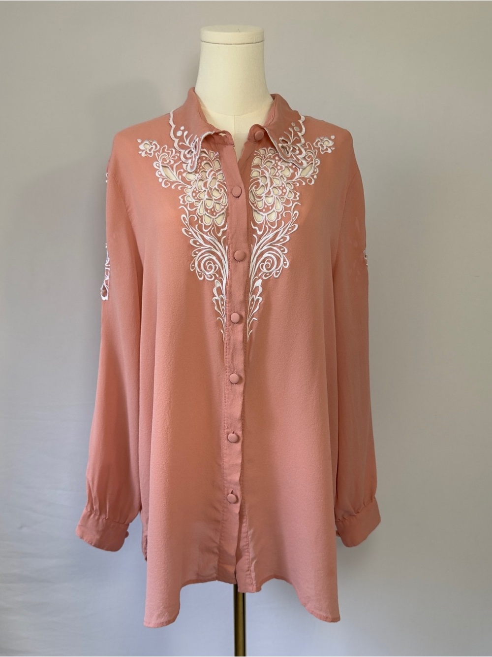 Bob Mackie Wearable Art Silk Blouse Blush Pink Cutwork Embroidery Size 2X